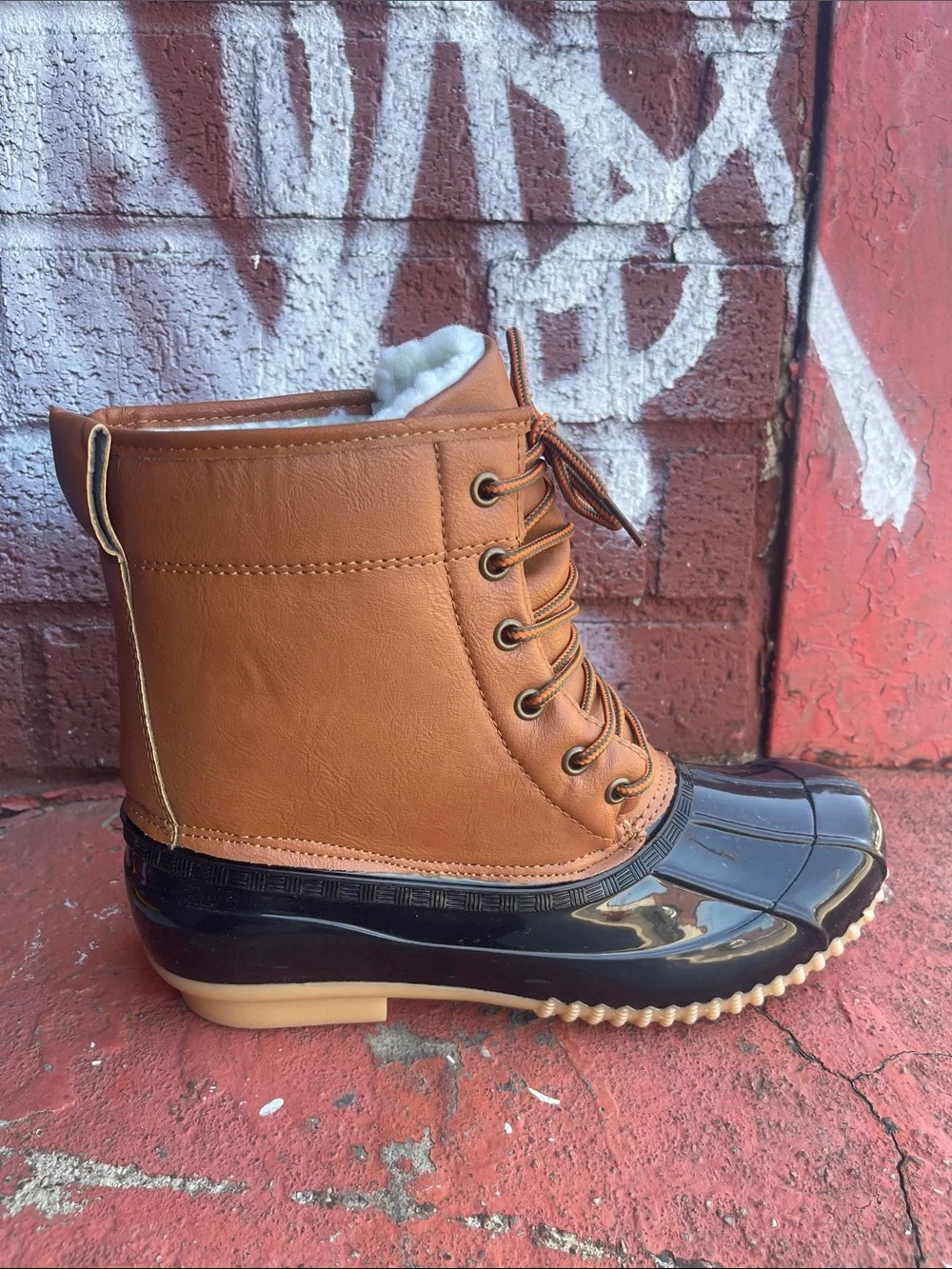 Women’s Two-Tone Duck Boot Ankle Bootie in Brown and Black - Picture 3 of 9